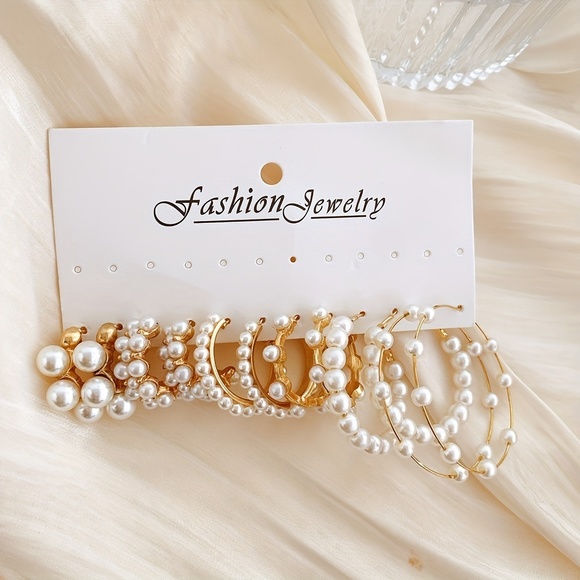Pearl Radiance Collection: Elegant 6 Pairs Golden Hoop Earrings - Picture 2 of 6